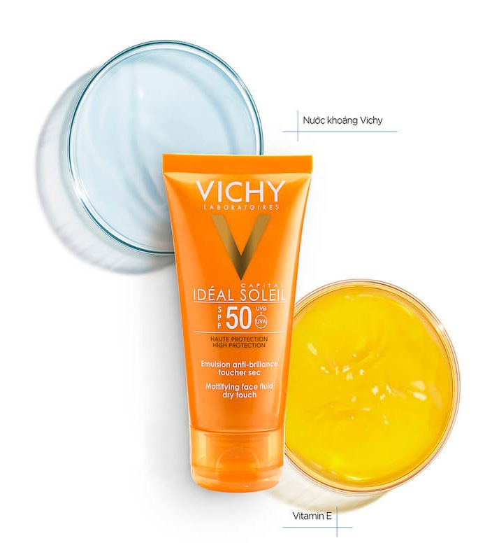 Kem chống nắng Vichy Ideal Soleil Mattifying Face Fluid Dry Touch cho da dầu không gây nhờn rít Spf 50PA