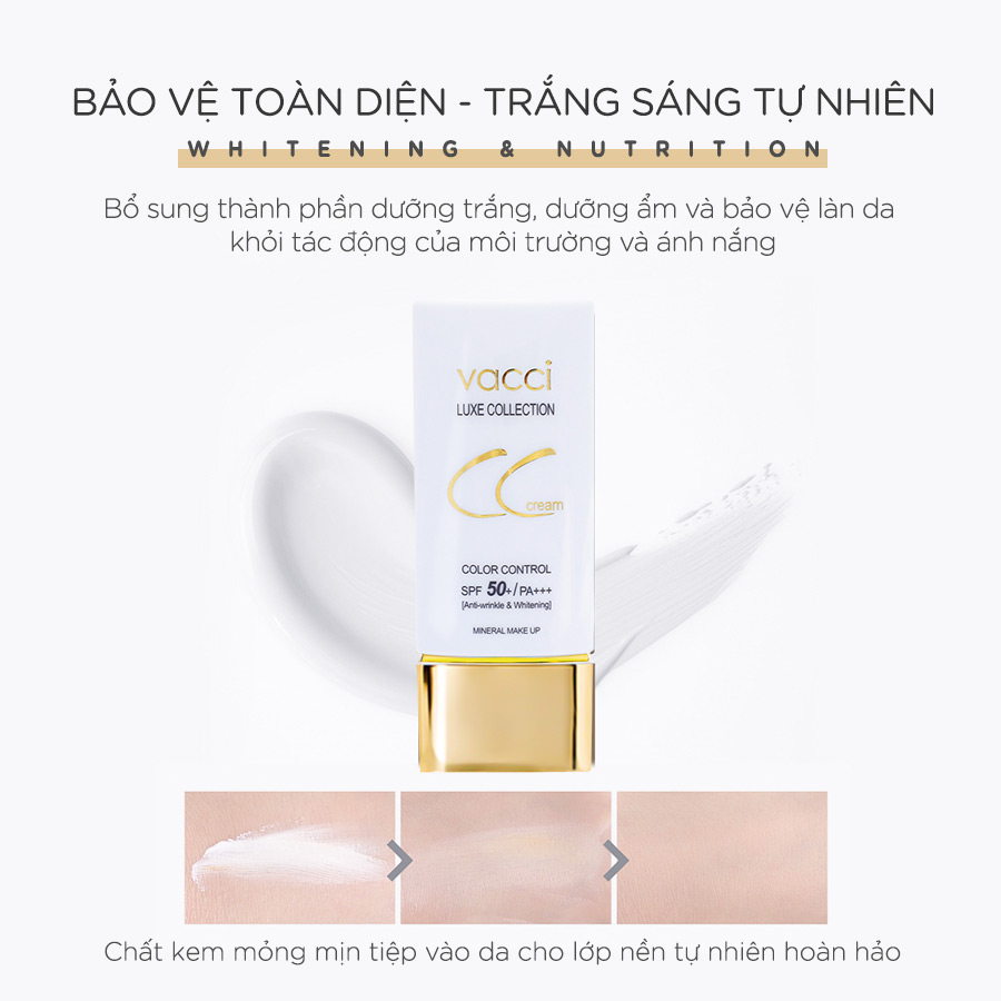 Kem phấn nền dưỡng trắng da đa chức năng CC Cream Vacci spf50/pa   thế hệ mới