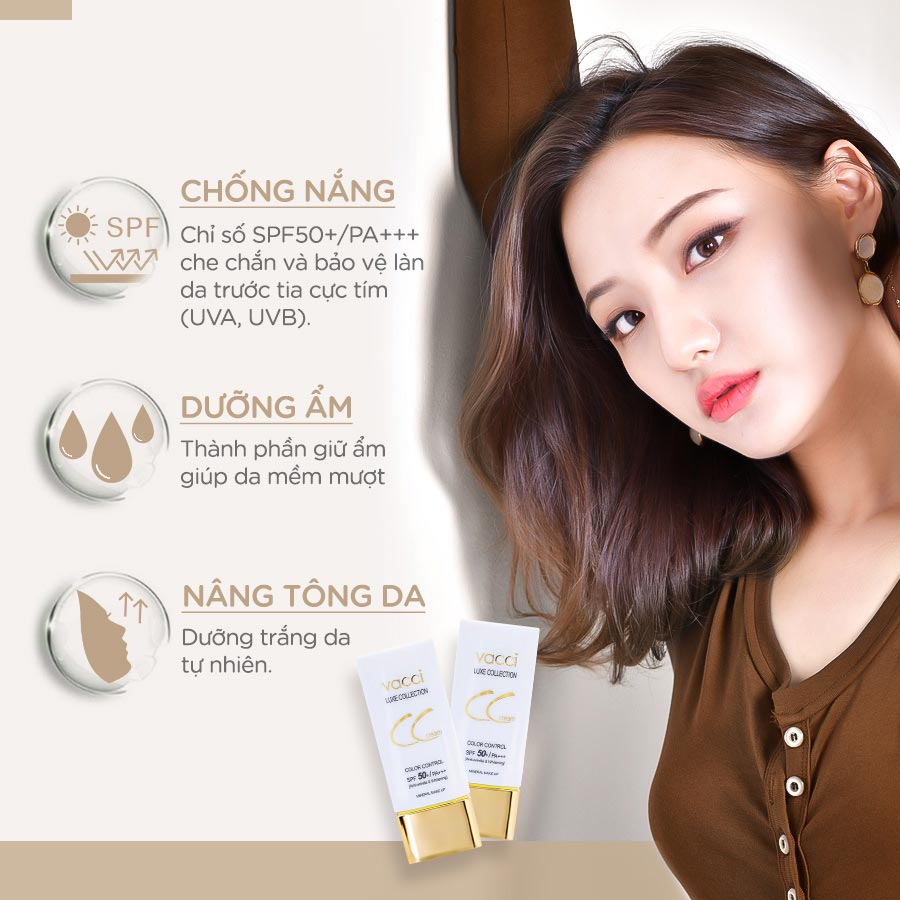 Kem phấn nền dưỡng trắng da đa chức năng CC Cream Vacci spf50/pa   thế hệ mới